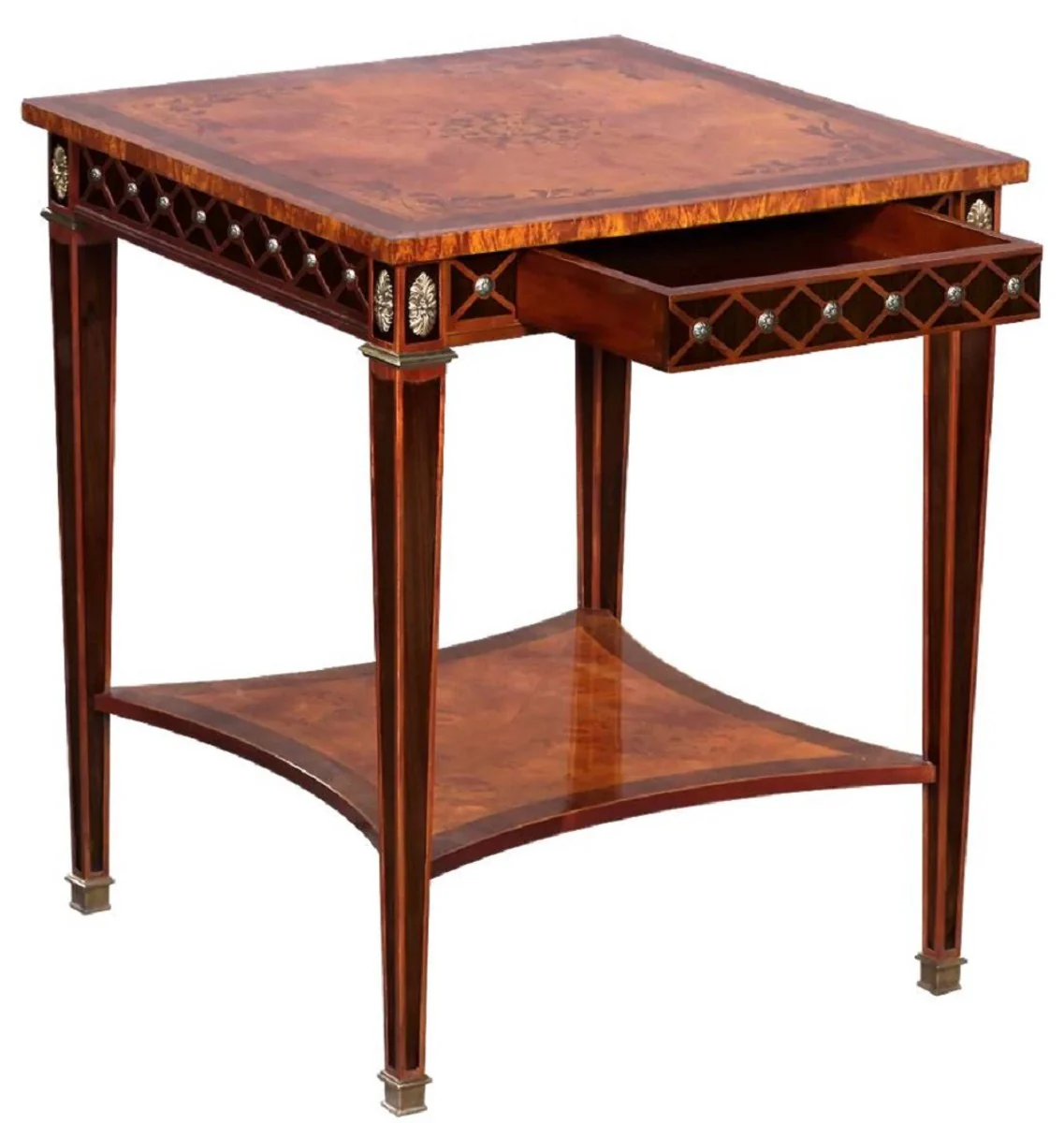Luxury Art Deco side table natural colors / brown inlay / silver / antique brass 61 x 61 x H. 77 cm - Square solid wood table with drawer - Luxury Art Deco living room furniture