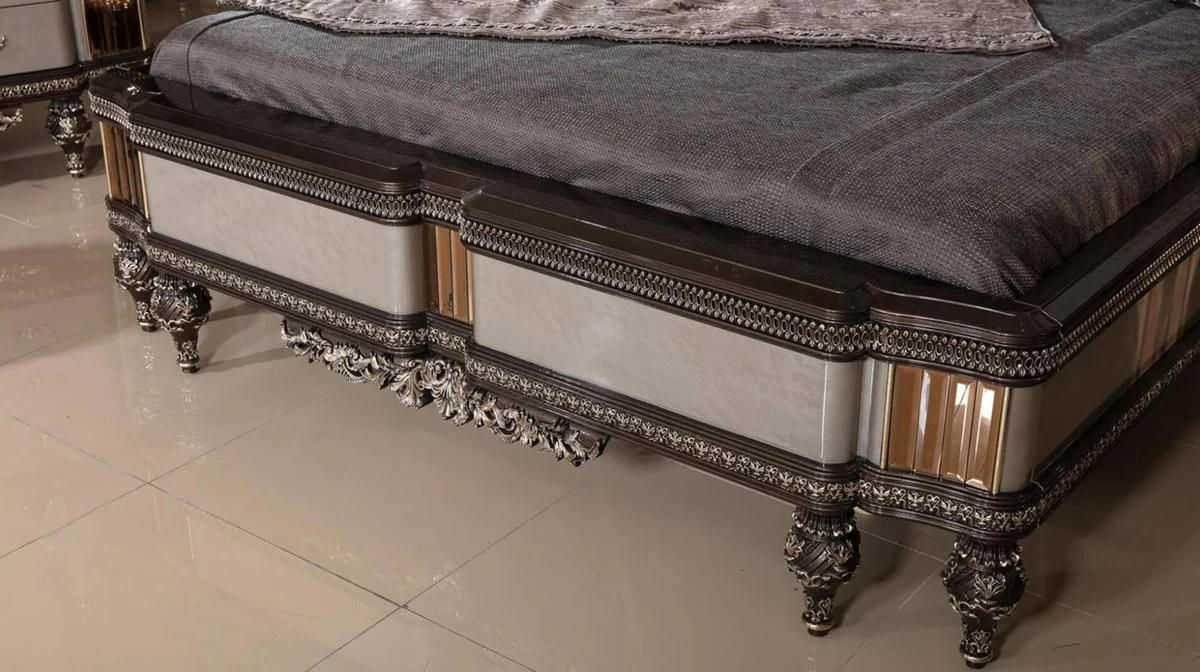 Luxury Baroque Double Bed Gray / Dark Brown / Gold - Magnificent Solid Wood Bed - Luxury Bedroom Furniture in Baroque Style - Baroque Bedroom Furniture