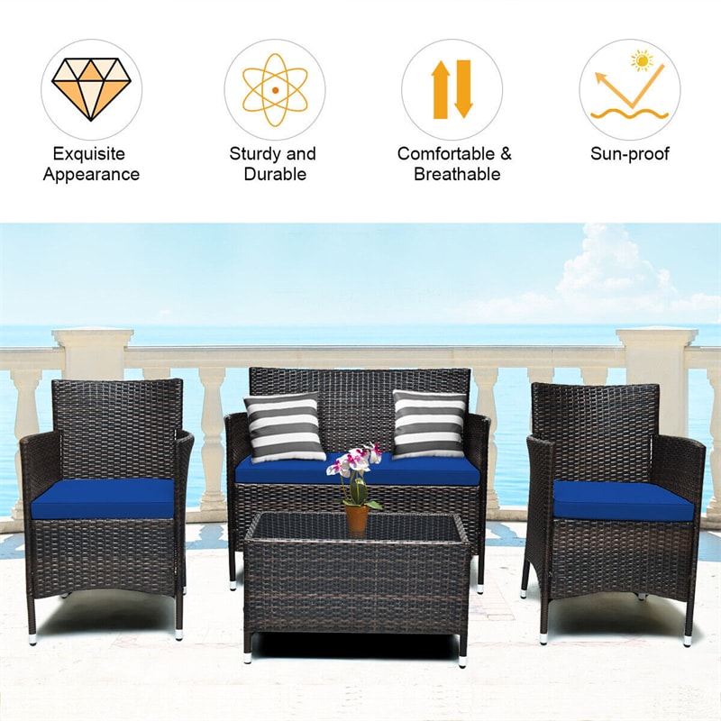 4 Pcs Outdoor Rattan Patio Conversation Set Wicker Furniture Set with Coffee Table and Cushion Sofas