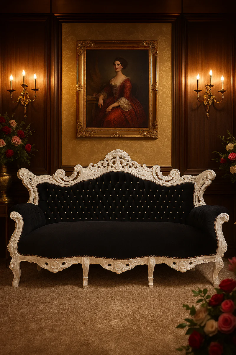 Barock Sofa mit Glitzersteinen Schwarz / Weiß - Handgefertigtes Antik Stil Wohnzimmer Sofa - Antik Stil Wohnzimmer Möbel - Barock Wohnzimmer Möbel - Edel & Prunkvoll