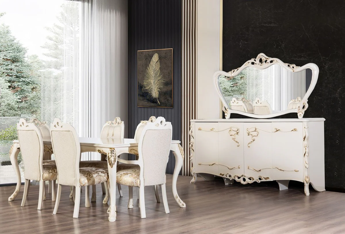Luxury Baroque Dining Table White / Gold - Rectangular Baroque Style Kitchen Table - Luxury Dining Room Furniture in Baroque Style - Baroque Dining Room Furniture - Baroque Furnishings