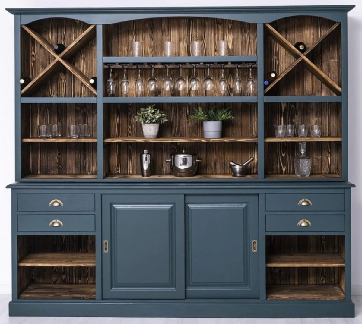 Country house style bar cabinet blue / dark brown 240 x 50 x H. 210 cm - Solid wood wine cabinet in country house style - Country house style furniture - Bar furniture in country house style - Country house style furnishings