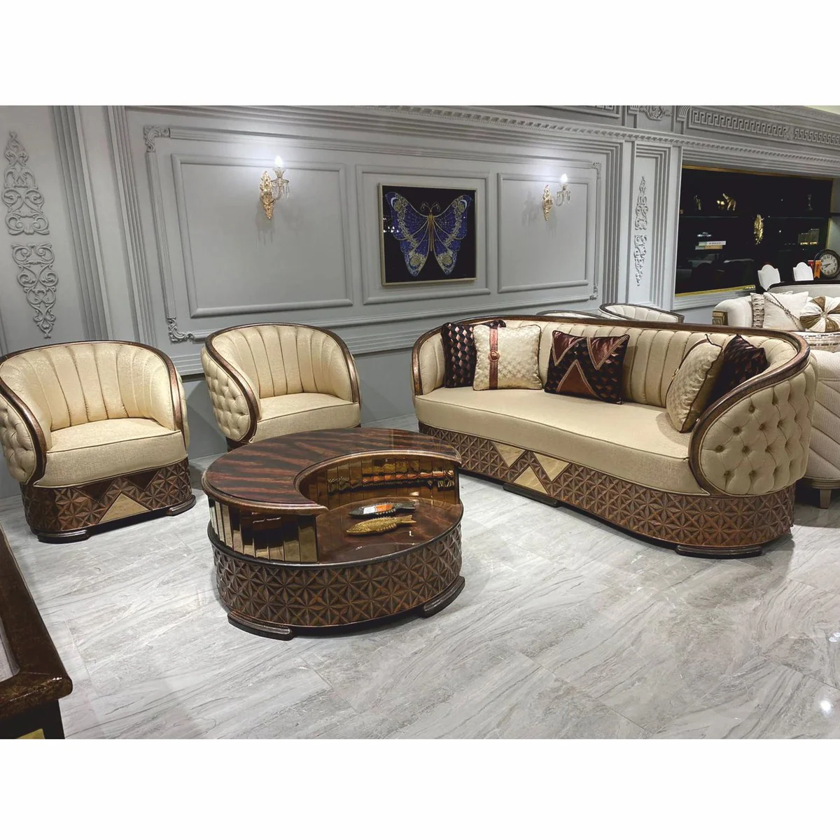 Luxury Art Deco Sofa Gold / Copper / Gray 240 cm - Living Room Furniture