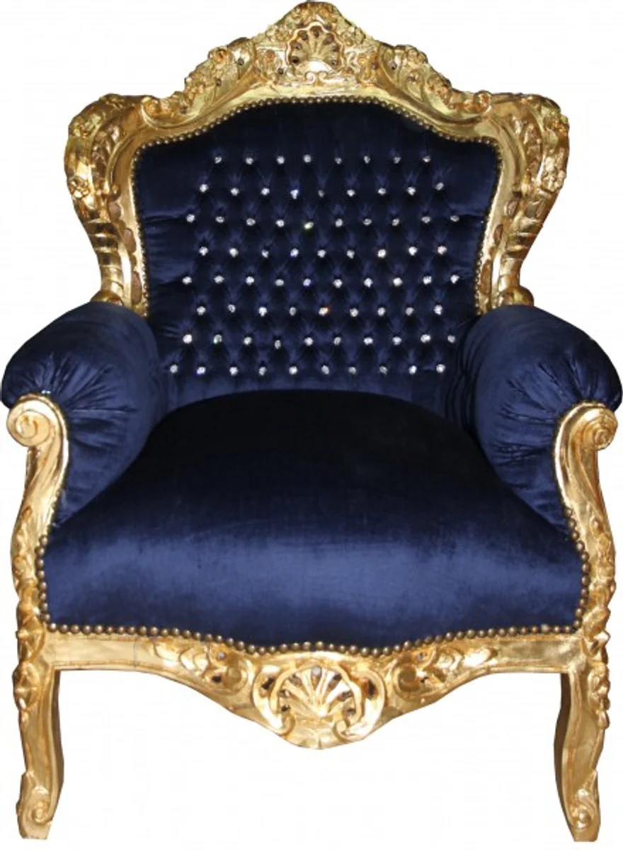 Barock Sessel King royalblau / gold mit Bling Bling Glitzersteinen - Antikstil Sessel