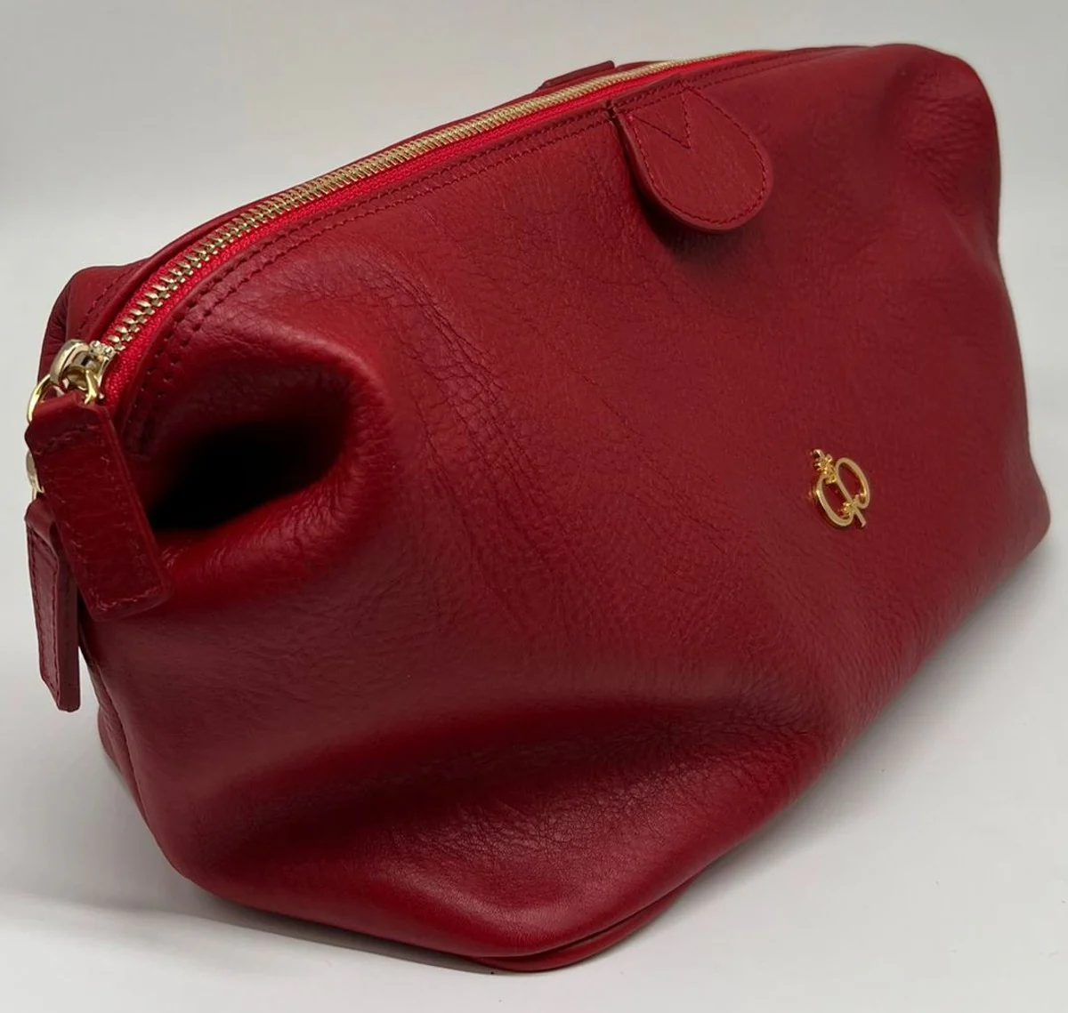 Luxus Echtleder Kosmetiktasche Rot / Gold 28 cm - Made in Italy