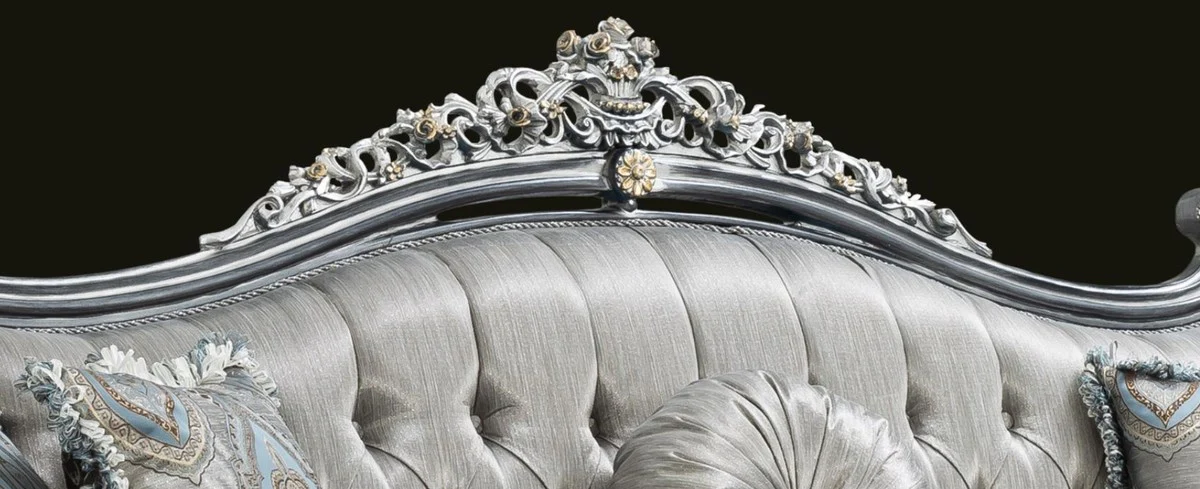 Luxury baroque sofa silver / turquoise / gold 248 x 96 x H. 118 cm - Magnificent solid wood living room sofa with elegant pattern and decorative pillows - Baroque living room furniture