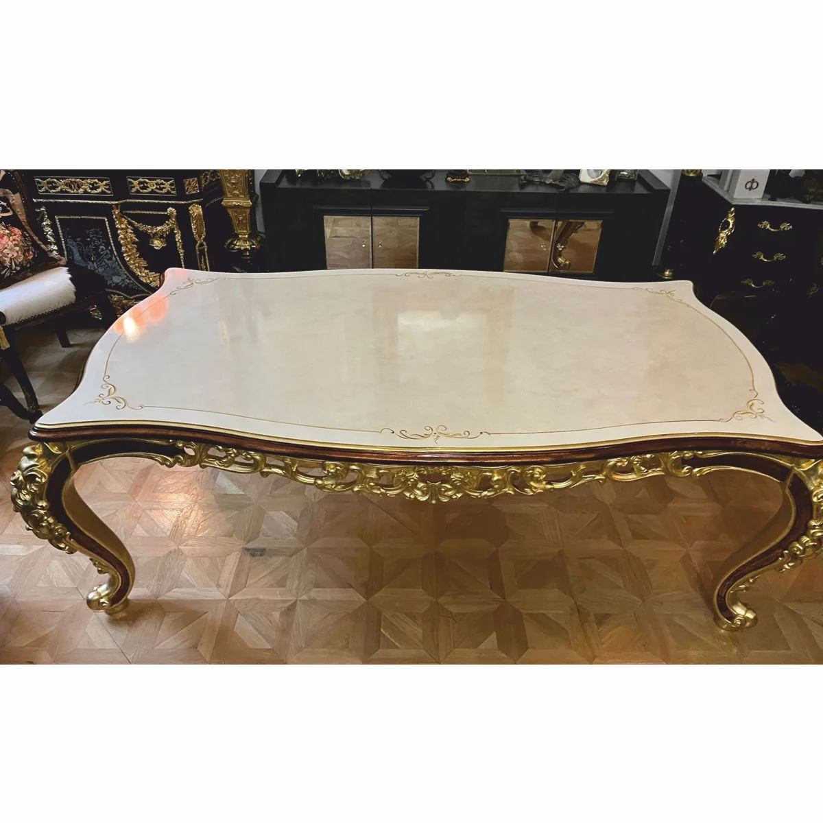 Luxury Baroque Dining Table Cream / Gold / Brown 225 cm - Baroque Dining Room Furniture