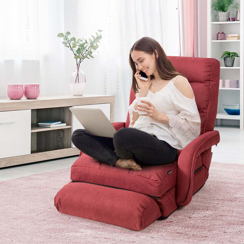 Foldable Massage Floor Chair Recliner, Single Lazy Sofa with Ergonomic Armrest, Adjustable 5 Backrest Position & Detachable Mat