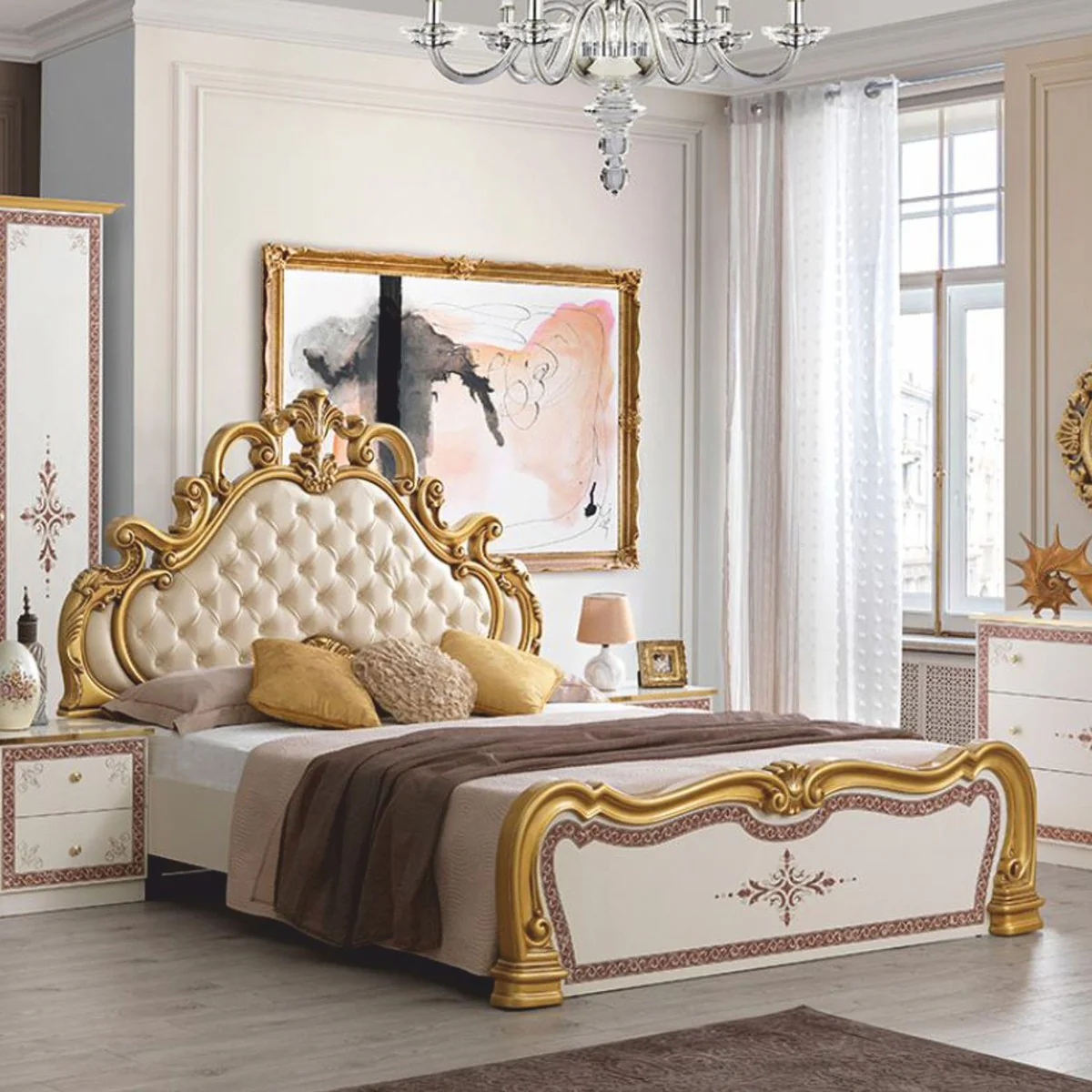 Luxury Baroque Double Bed Cream / White / Brown / Gold - Baroque style bedroom furniture