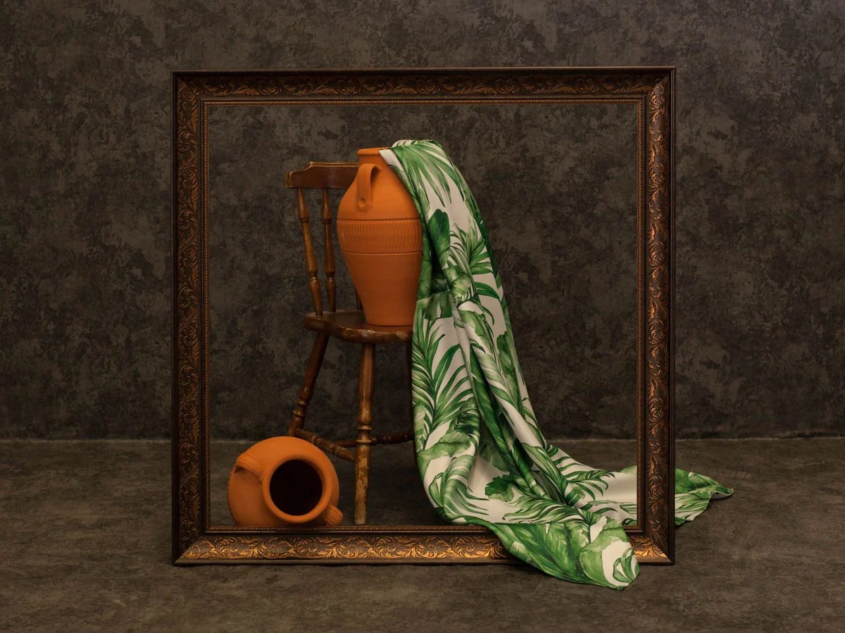 Luxury curtain set palm leaves white / green 250 x H. 290 cm - Printed linen & velvet curtains - Eyelet curtains - Sliding curtains - Luxury collection