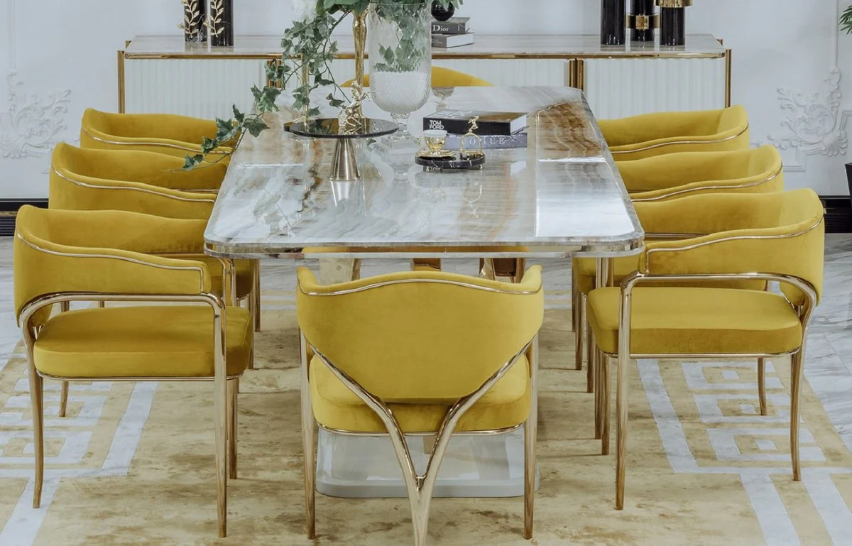 Luxury dining room chair set with armrests yellow / gold 60 x 59.8 x H. 80 cm - kitchen chairs set of 8 - dining room furniture - restaurant furniture - luxury furniture - luxury furnishings