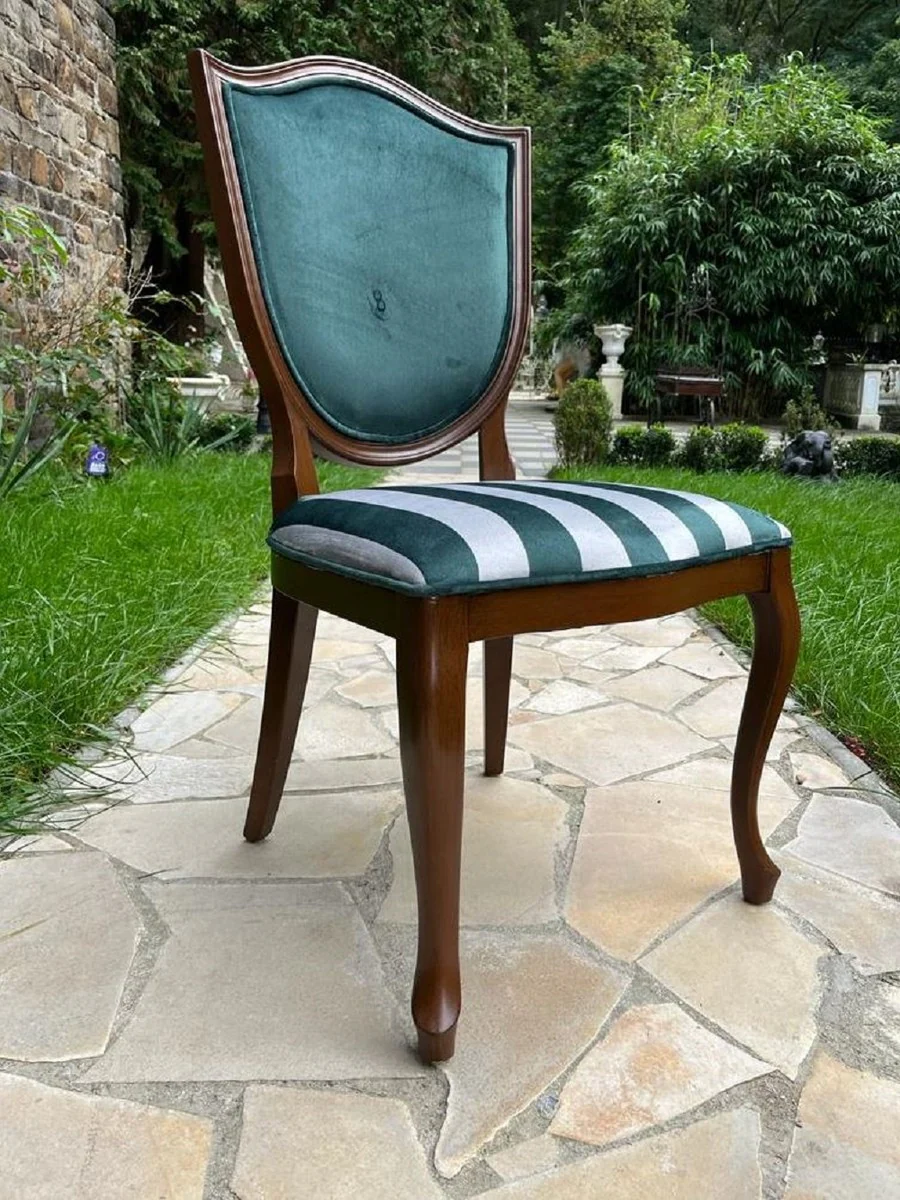 Luxus Art Deco Esszimmer Stuhl Grün / Weiß / Braun - Eleganter Massivholz Stuhl mit Streifen - Art Deco Esszimmer Möbel