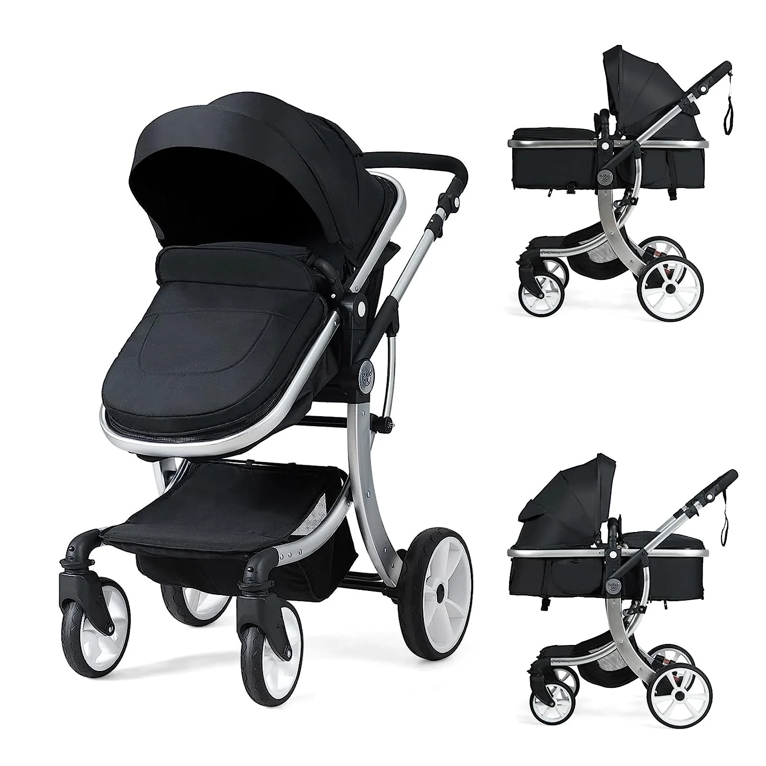 Kinderwagen, umwandelbarer Hochformat-Kinderwagen mit Stubenwagen, verstellbares Verdeck und Rückenlehne, Aufbewahrungskorb, Fußabdeckung, faltbarer Kinderwagen für Neugeborene (grau)