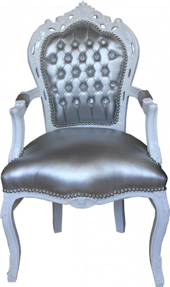 Baroque dining room chair with armrests silver/white leather look with bling bling rhinestones