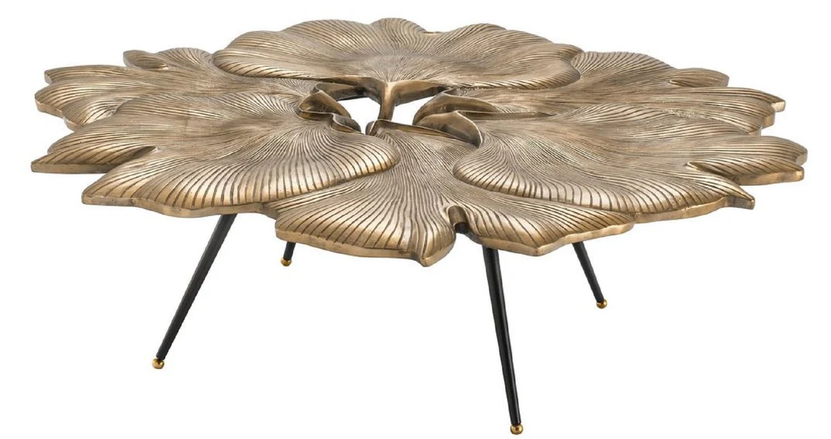 Designer coffee table vintage brass / black / gold 98 x 92 x H. 29 cm - living room table in ginkgo leaf design - luxury quality