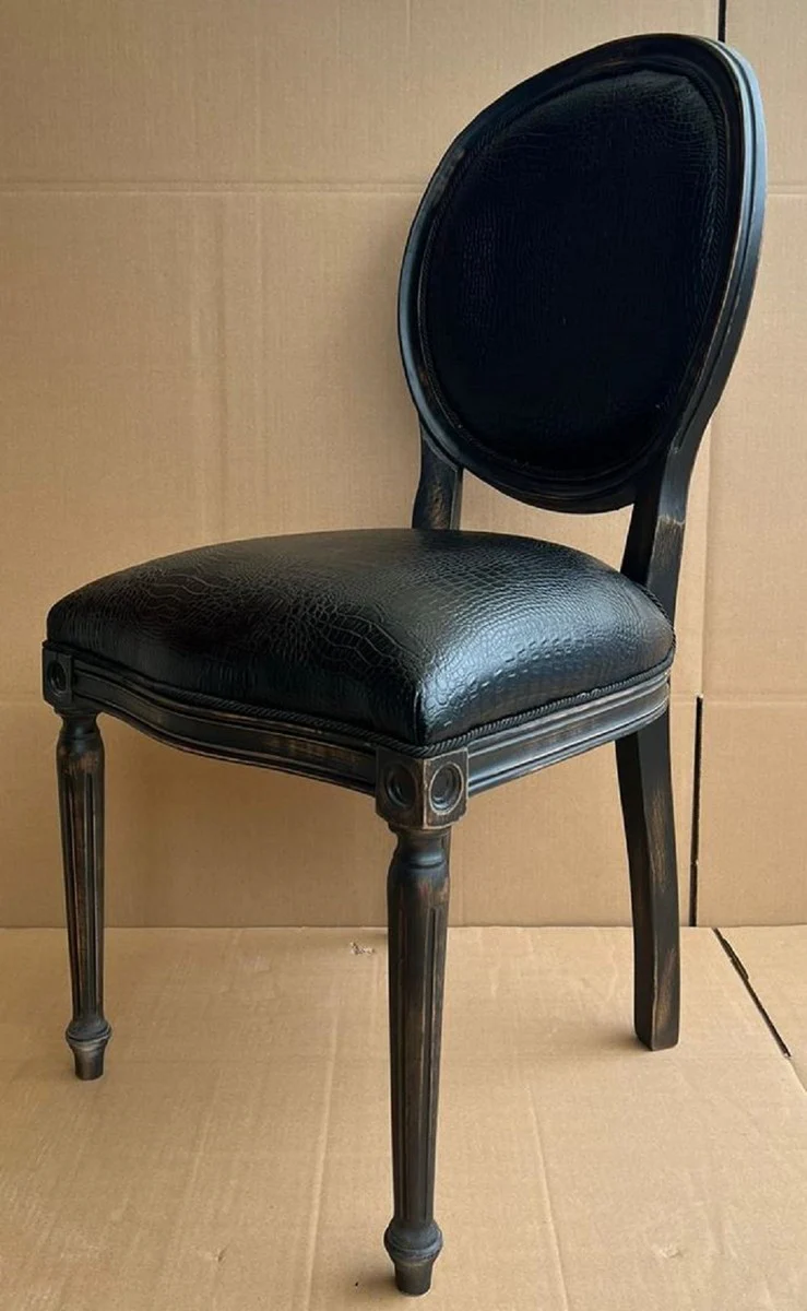 Luxury baroque dining room chair black - handmade antique style chair with elegant faux leather in crocodile look - magnificent dining room furniture in baroque style