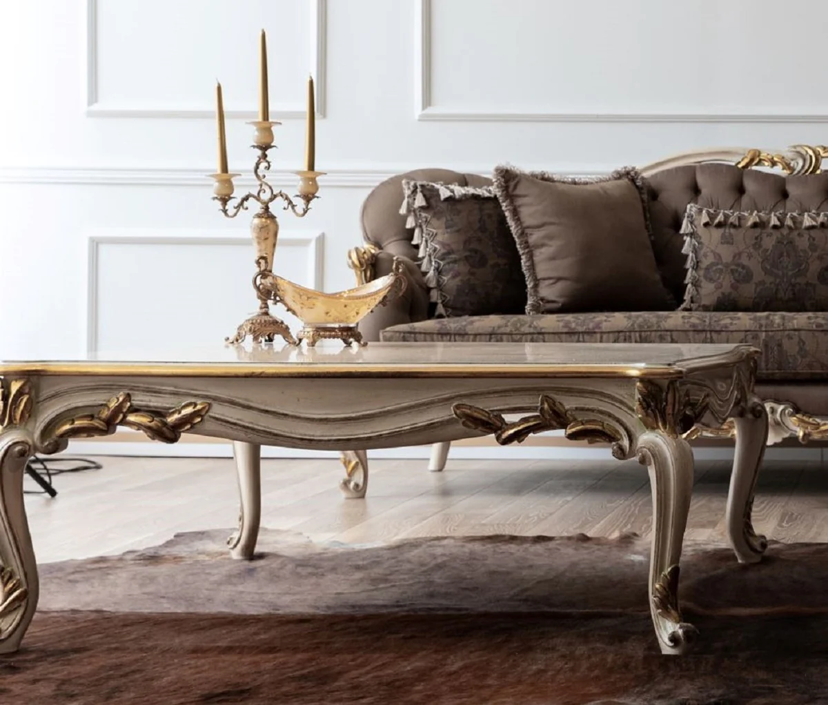 Luxury Baroque Coffee Table Cream / White / Gold - Handmade Solid Wood Living Room Table - Baroque Living Room Furniture