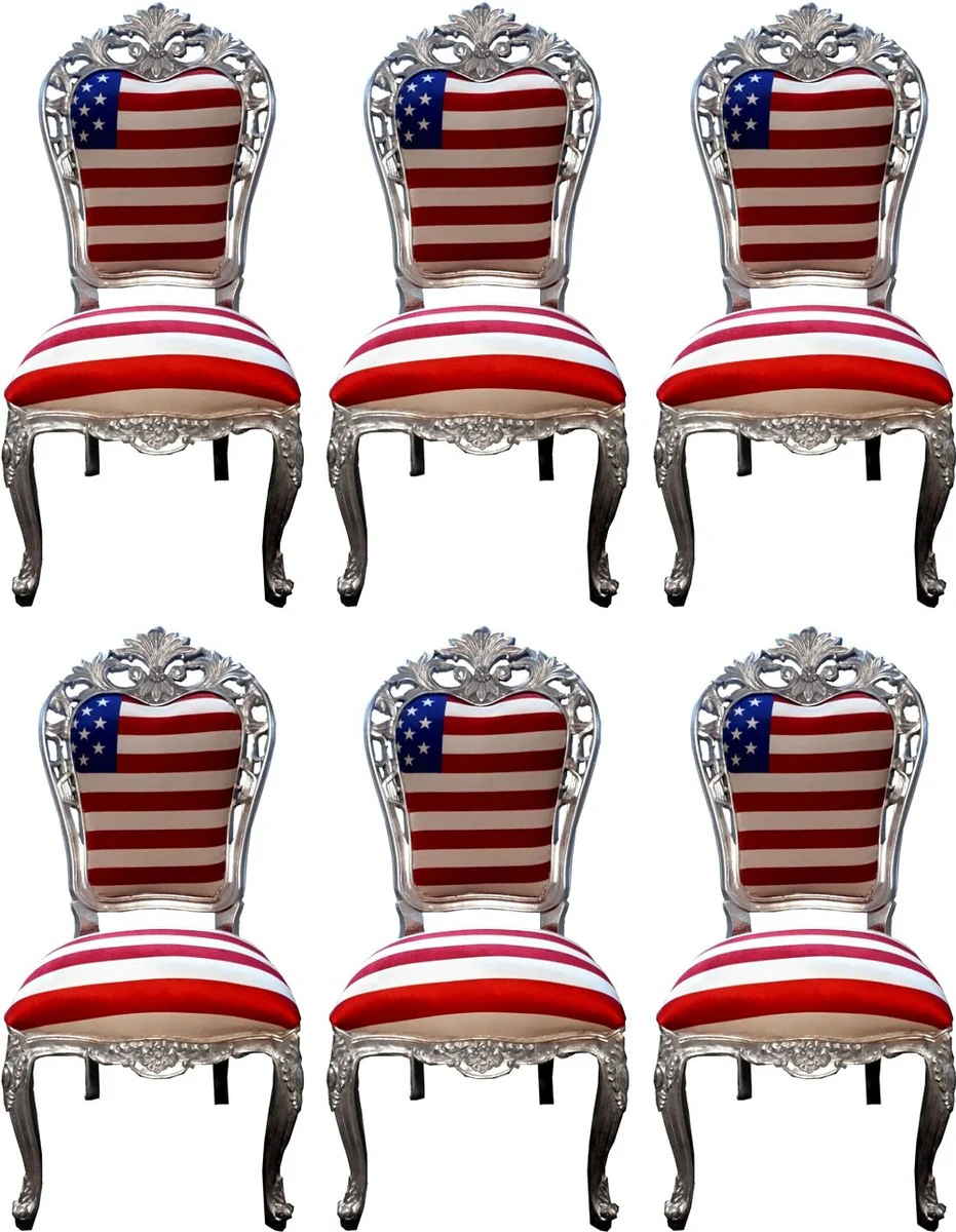 Luxury Baroque Dining Room Chair Set USA / Silver 52 x 51 x H. 105 cm - Designer Baroque Kitchen Chairs Set of 6 - Baroque Dining Room Furniture