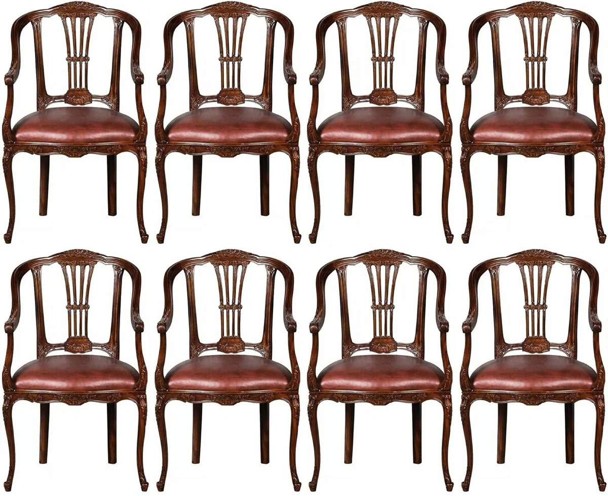 Luxury Baroque Leather Dining Room Chair Set of 8 with Armrests Brown - Magnificent Baroque Style Real Leather Kitchen Chairs - Luxury Baroque Dining Room Furniture - Noble & Magnificent