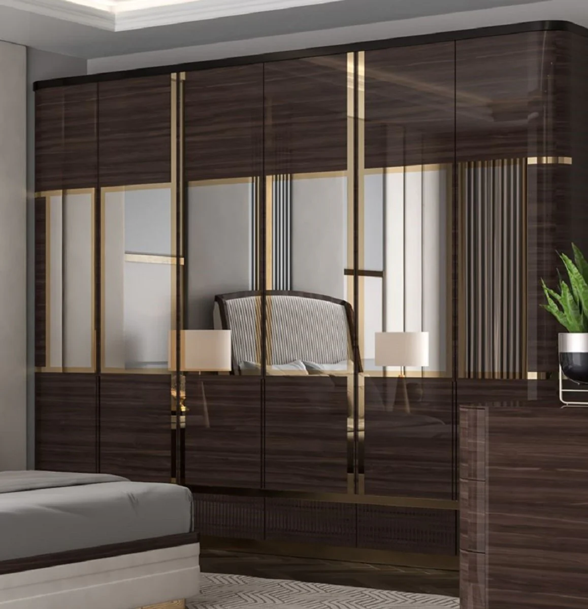 Luxury bedroom wardrobe dark brown / black / gold - mirrored wardrobe with 6 doors - bedroom furniture - hotel furniture - luxury furniture - luxury furnishings