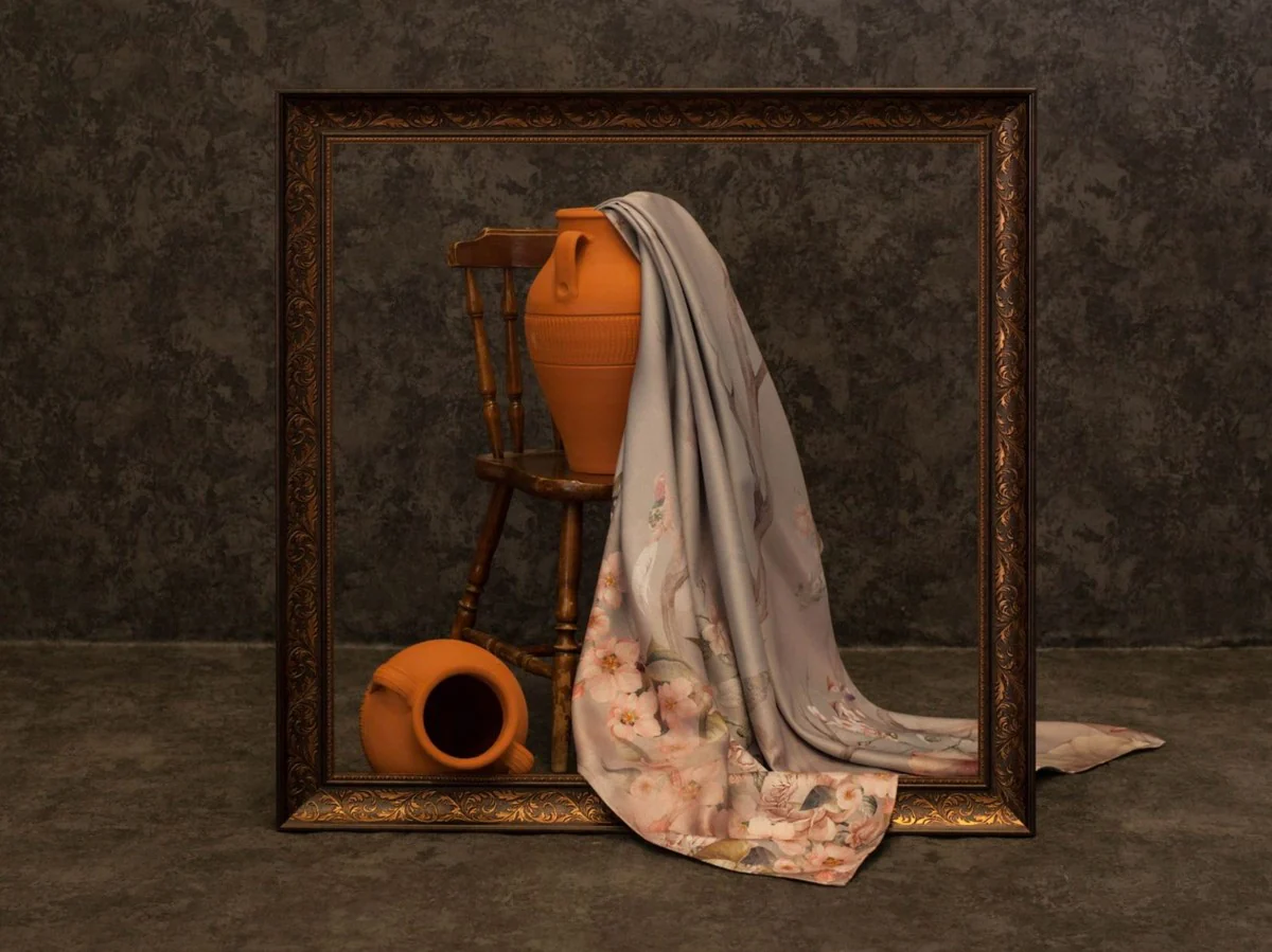 Luxury curtain set birds in the forest light gray / multicolored 250 x H. 290 cm - printed linen & velvet curtains - eyelet curtains - sliding curtains - luxury quality