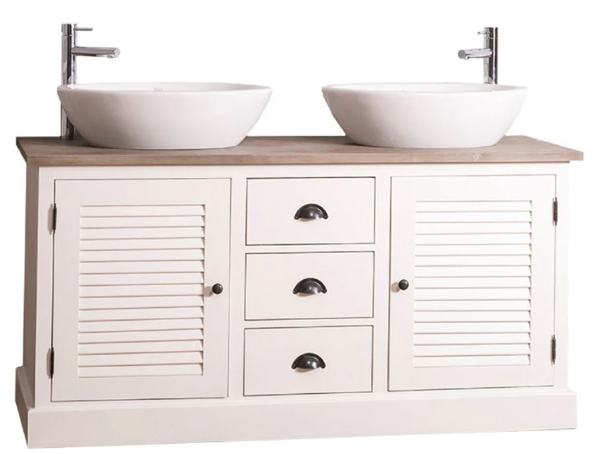 Country house style double washbasin with 2 doors and 3 drawers cream / natural color 150 x 51 x H. 75 cm - bathroom furniture in country house style
