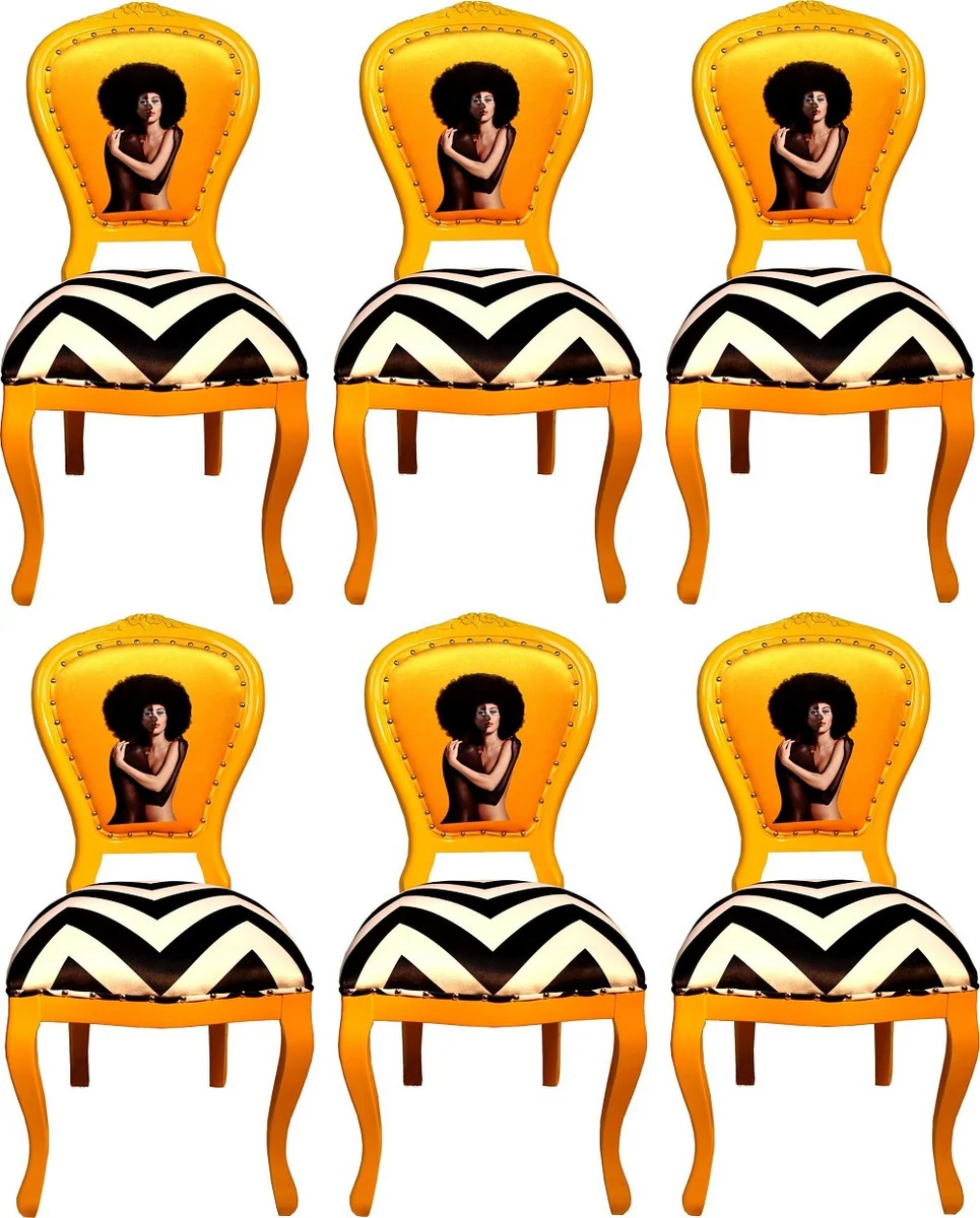 Luxury Baroque dining room set black / white stripes / yellow 55 x 54 x H. 103 cm - 6 handmade designer dining room chairs - Baroque dining room furniture