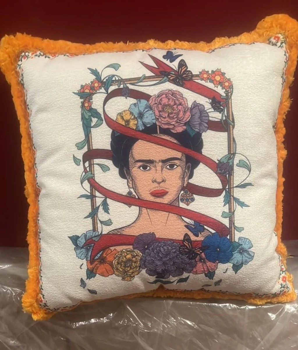Frida Kahlo by Luxus Deko Kissen Weiß / Bunt / Orange 50 cm
