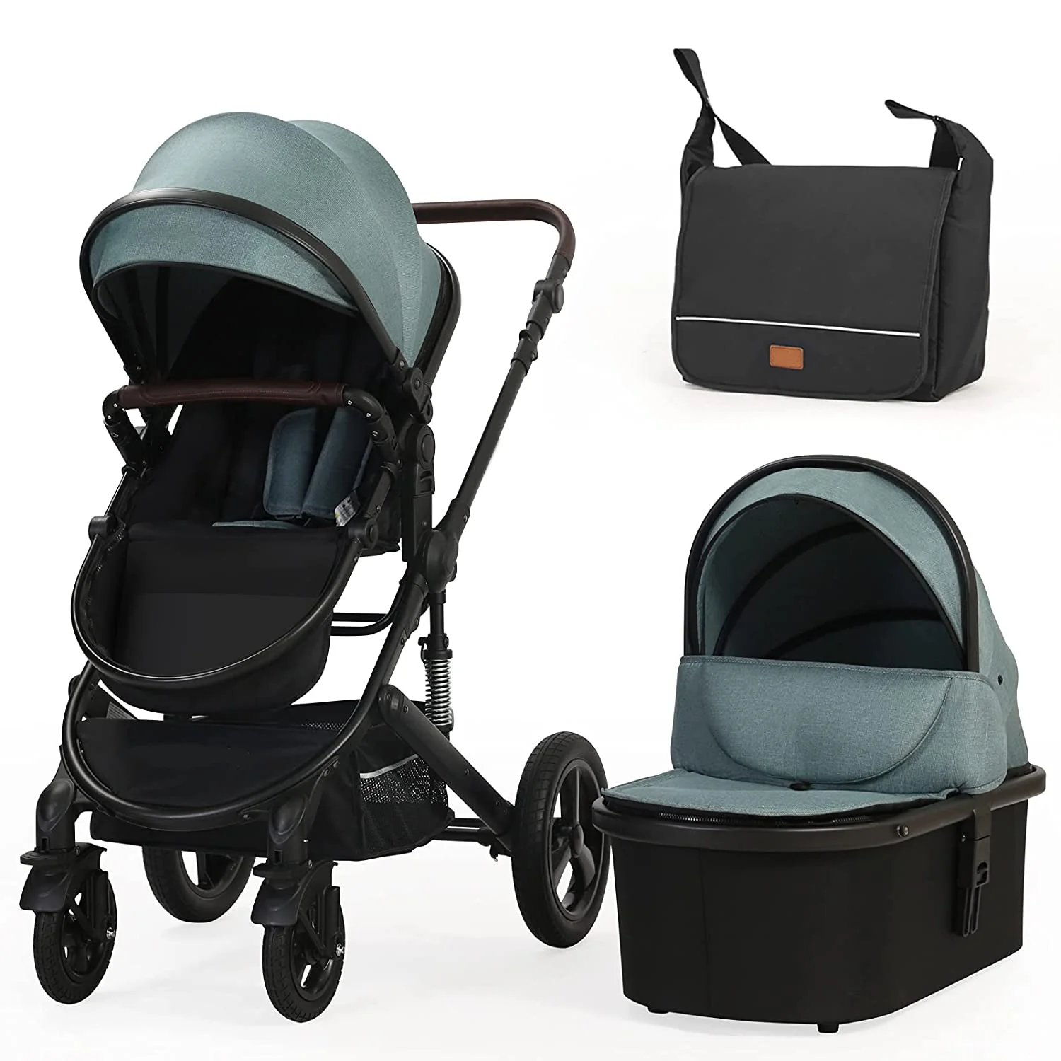 Kinderwagen für Neugeborene und Kleinkinder – Cynebaby 2-in-1 Hochformat, umwandelbar, umkehrbar, stoßfest, Stubenwagen, Kinderwagen, Kinderwagen, mit Getränkehalter, Fußsack und Wickeltasche (grün)