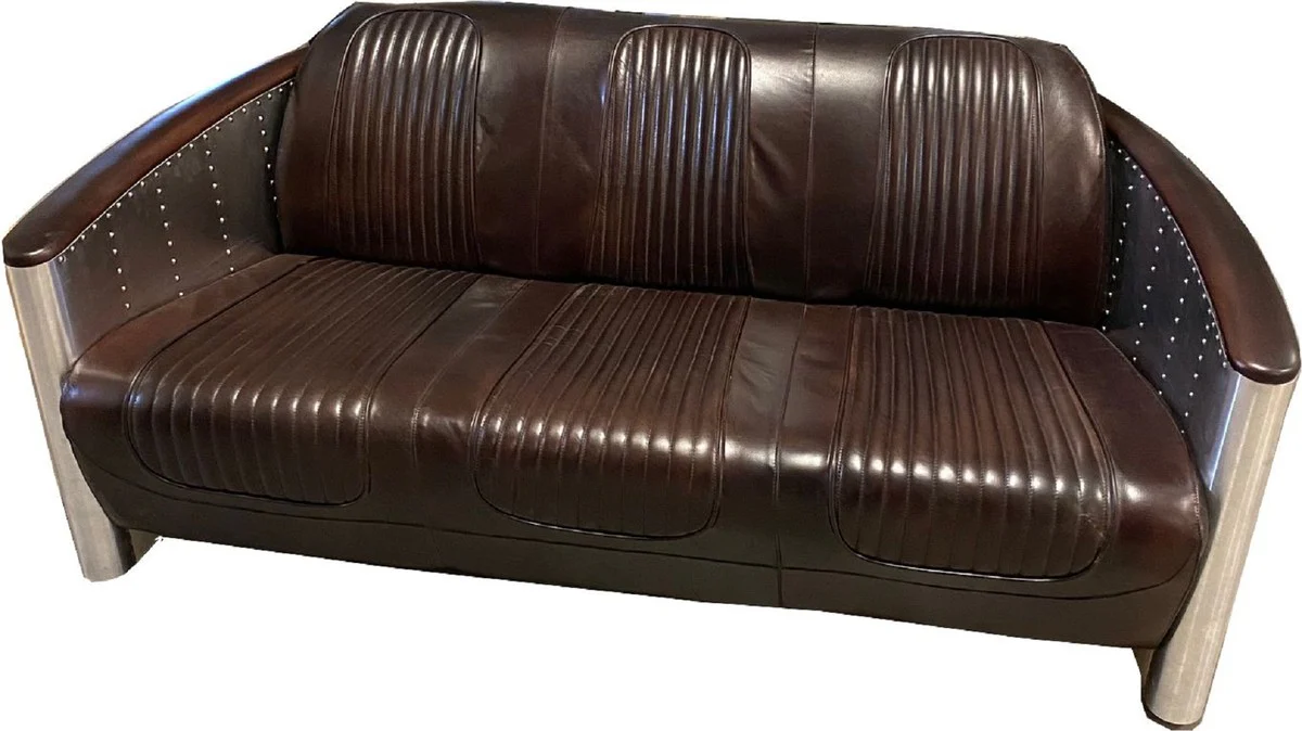 Luxury Art Deco leather sofa 172 x 70 x H. 82 cm - Various colors - Aluminum living room sofa with real leather - Aluminum airplane aviator sofa furniture