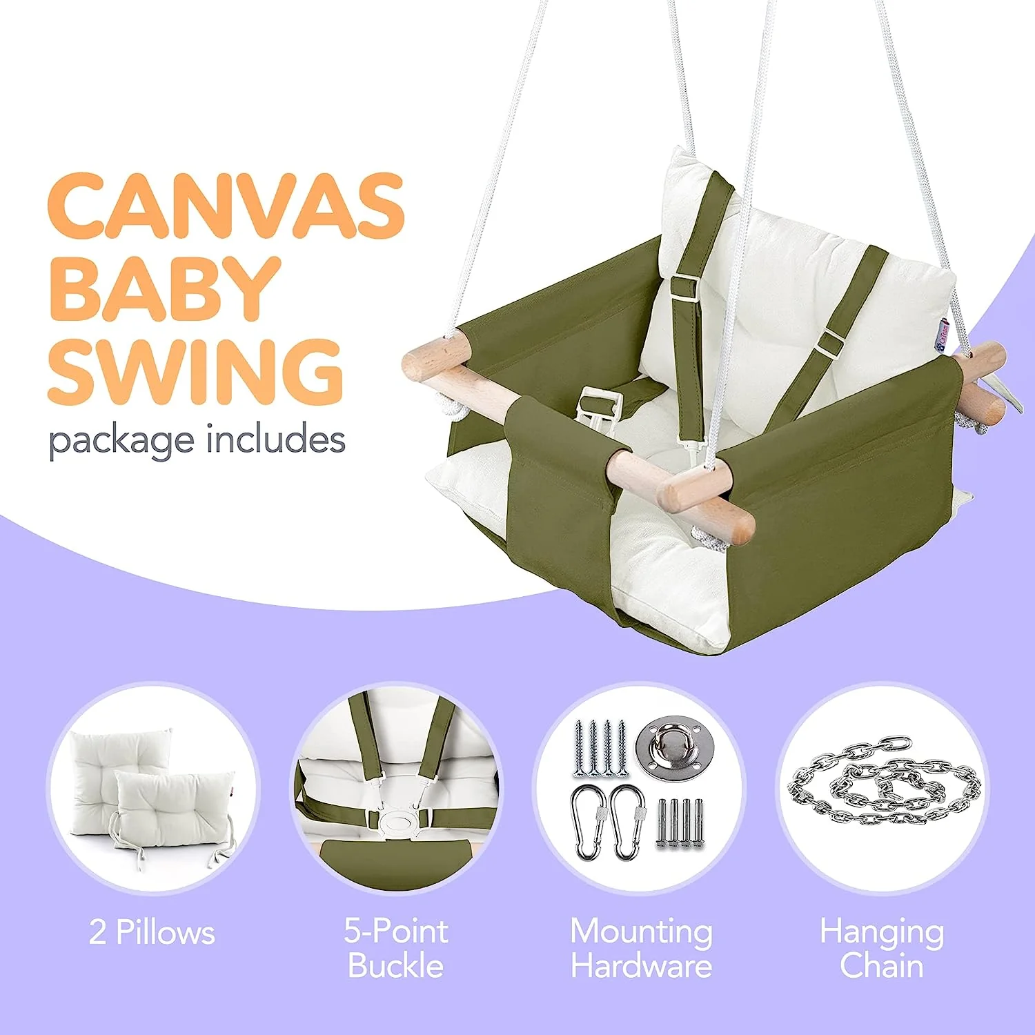 Babyschaukel aus Segeltuch, hängender Schaukelsitz aus Holz mit Sicherheitsgurt, langlebiger Baby-Hängemattenstuhl, Außen- und Innenschaukel für Kinder, Montagezubehör im Lieferumfang enthalten, Elfenbeinfarben