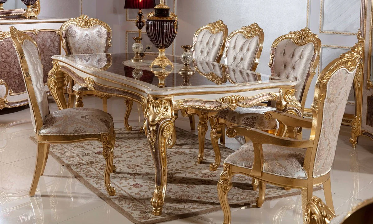 Luxury Baroque Dining Room Set White / Silver / Brown / Gold - 1 Baroque Dining Table & 6 Baroque Dining Chairs - Baroque Dining Room Furniture - Noble & Magnificent