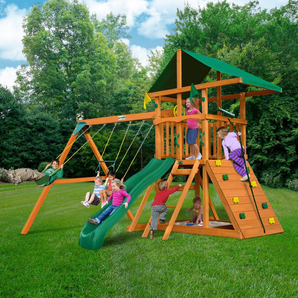 DYI Outing III Wooden Outdoor-Spielset mit Tarpdach, Rock Wall, Wave Slide, Swings und Backyard Swing Set Zubehör