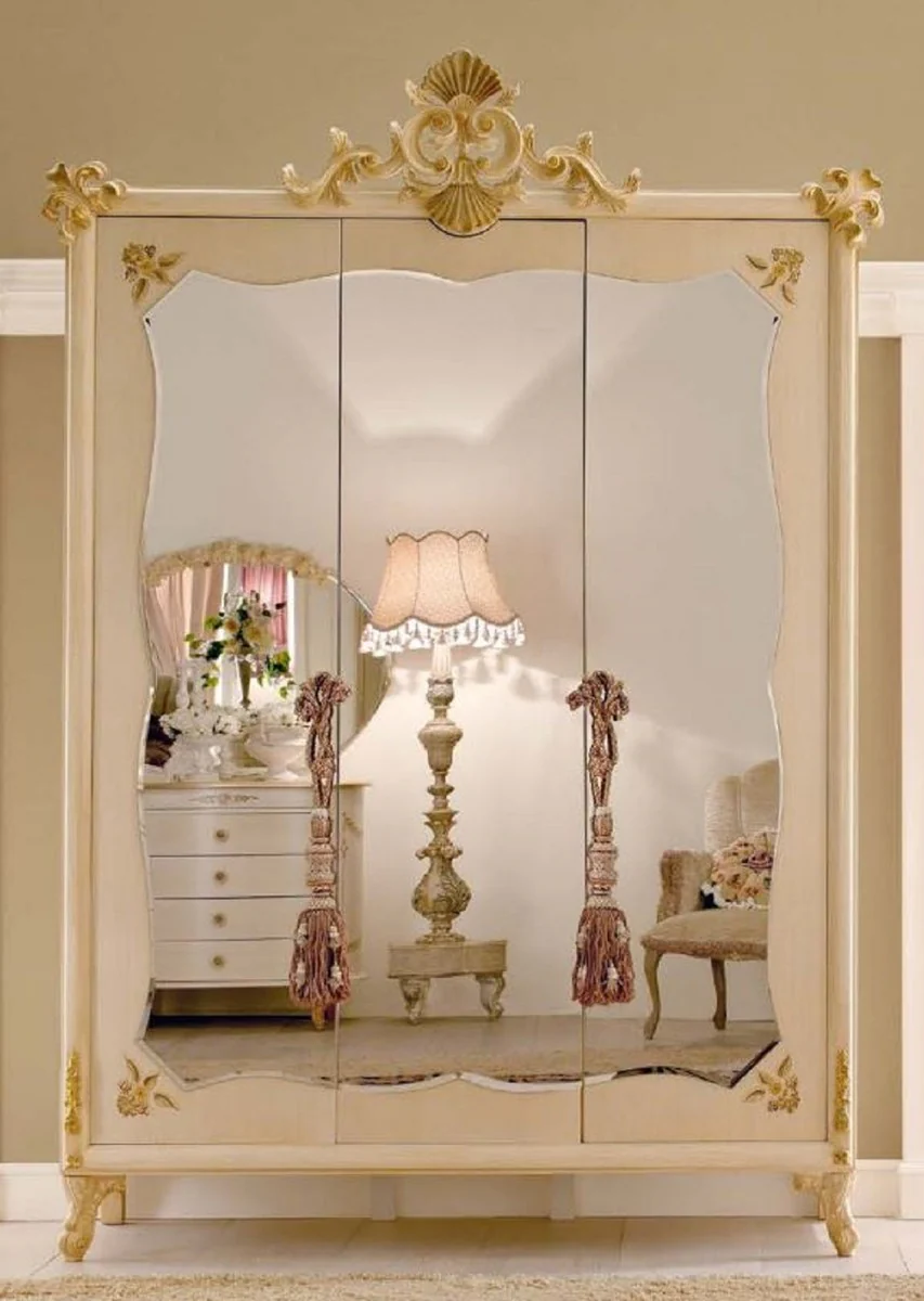 Luxury Baroque Bedroom Wardrobe Cream / Gold - Handmade Wardrobe with 3 Mirrored Doors - Baroque Bedroom Furniture - Luxury Quality - Made in Italy