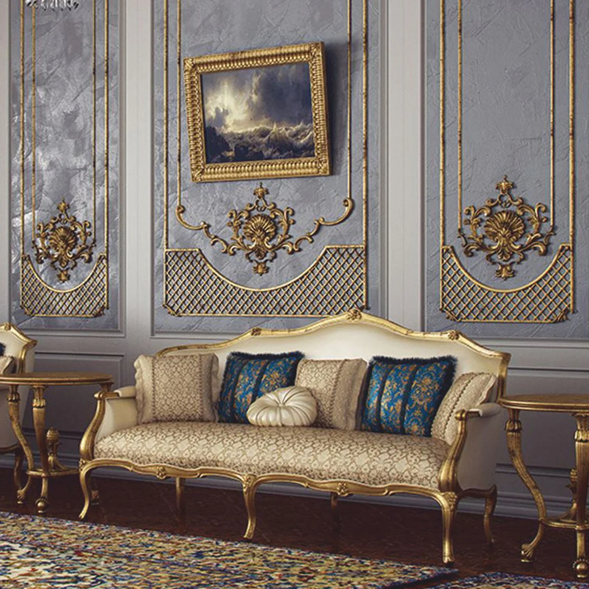 Luxus Barock Sofa Creme / Gold 212 cm - Barock Hotel Möbel