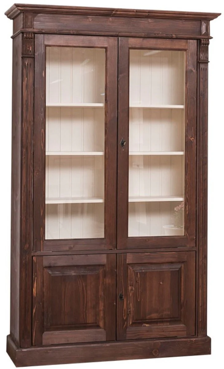 Country house style bookcase dark brown / cream 119 x 39 x H. 197 cm - living room cabinet with 4 doors - solid wood cabinet - display cabinet - country house style living room furniture