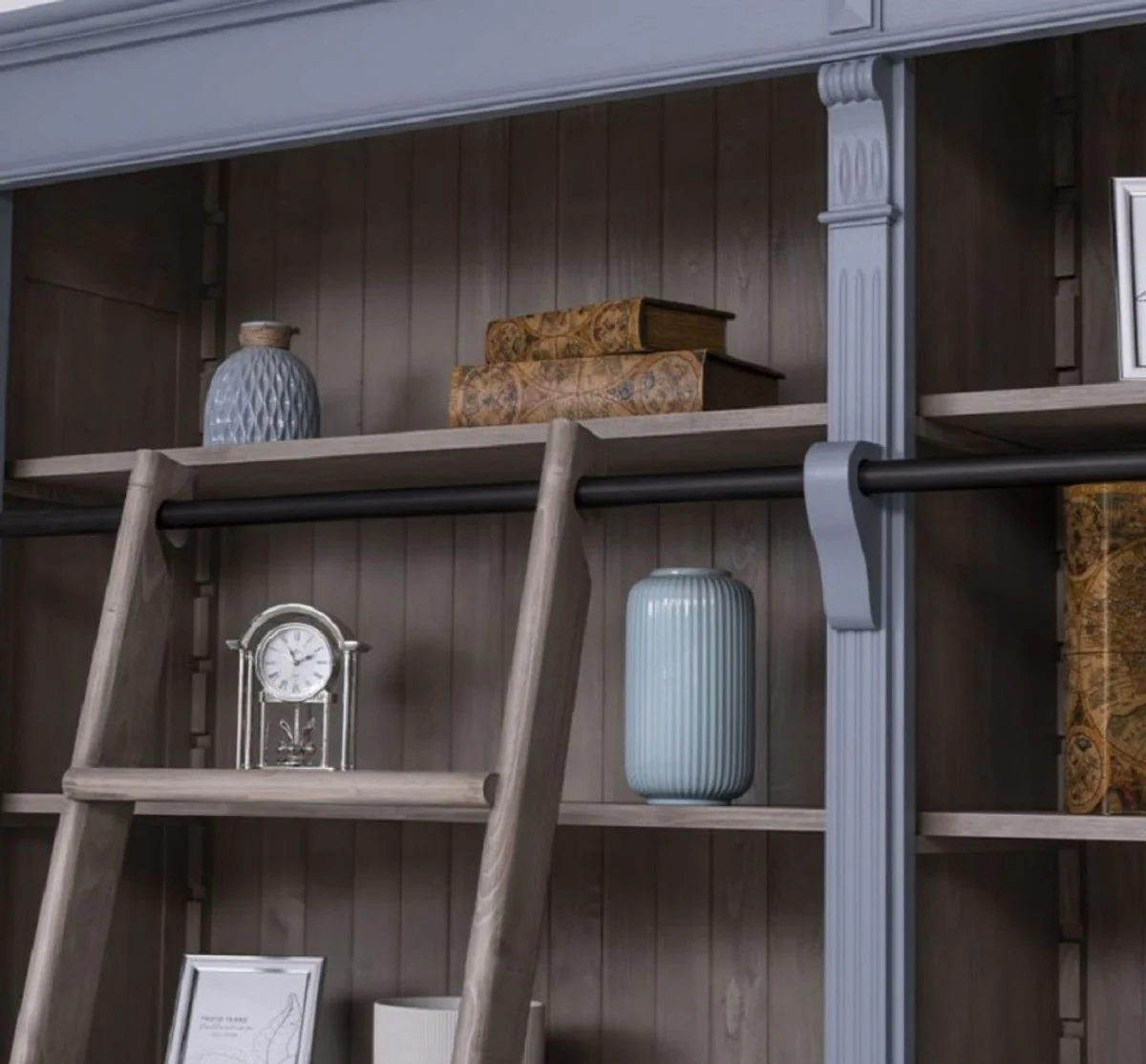 Country house style bookcase with ladder light blue / gray 223 x 51 x H. 228 cm - solid wood cupboard - living room cupboard - shelf cupboard - office cupboard - country house style furniture