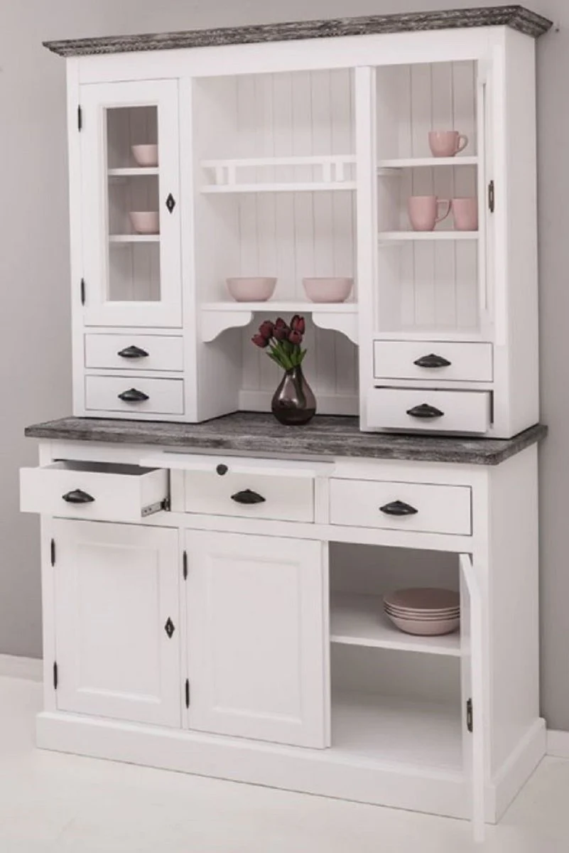 Country house style kitchen cabinet white / dark gray 138 x 50 x H. 197 cm - 2-part kitchen cabinet with 5 doors and 7 drawers - country house style kitchen furniture