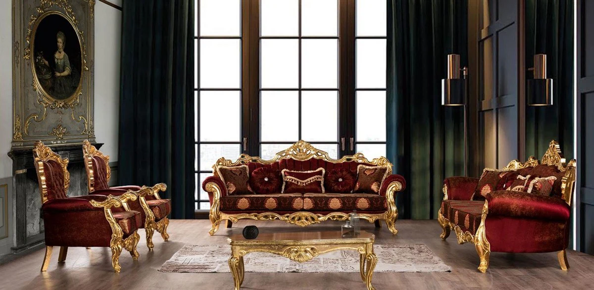 Luxus Barock Wohnzimmer Set Bordeauxrot / Gold - 2 Sofas mit Muster & 2 Sessel mit Muster & 1 Couchtisch - Prunkvolle Barock Wohnzimmer Möbel