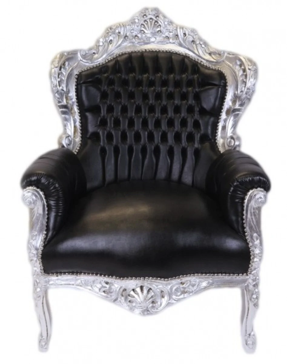 Barock Sessel King Schwarz / Silber Lederoptik - Möbel Antik Stil
