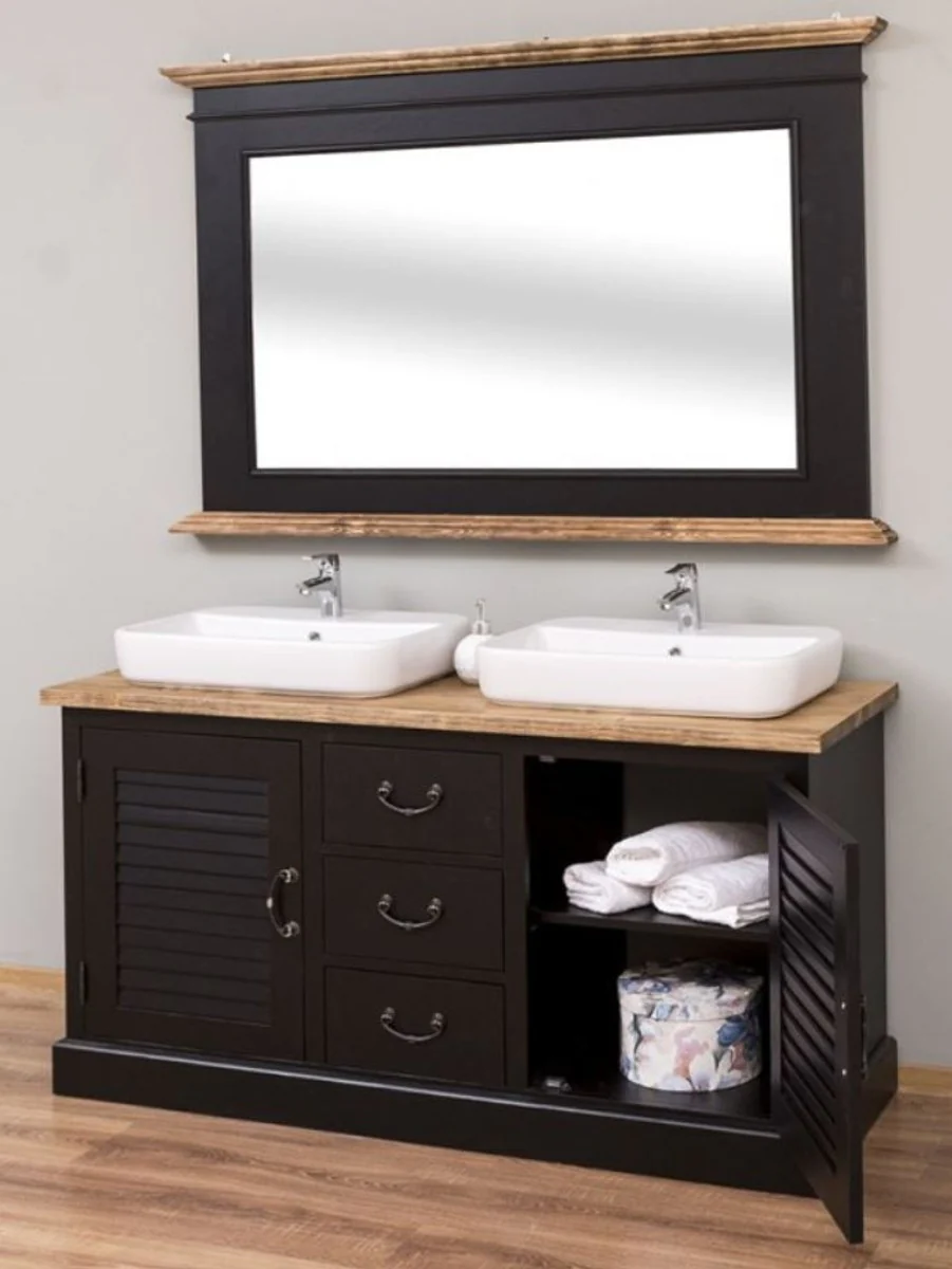 Country house style bathroom set black / natural colors - 1 double washbasin & 1 wall mirror - country house style bathroom furniture