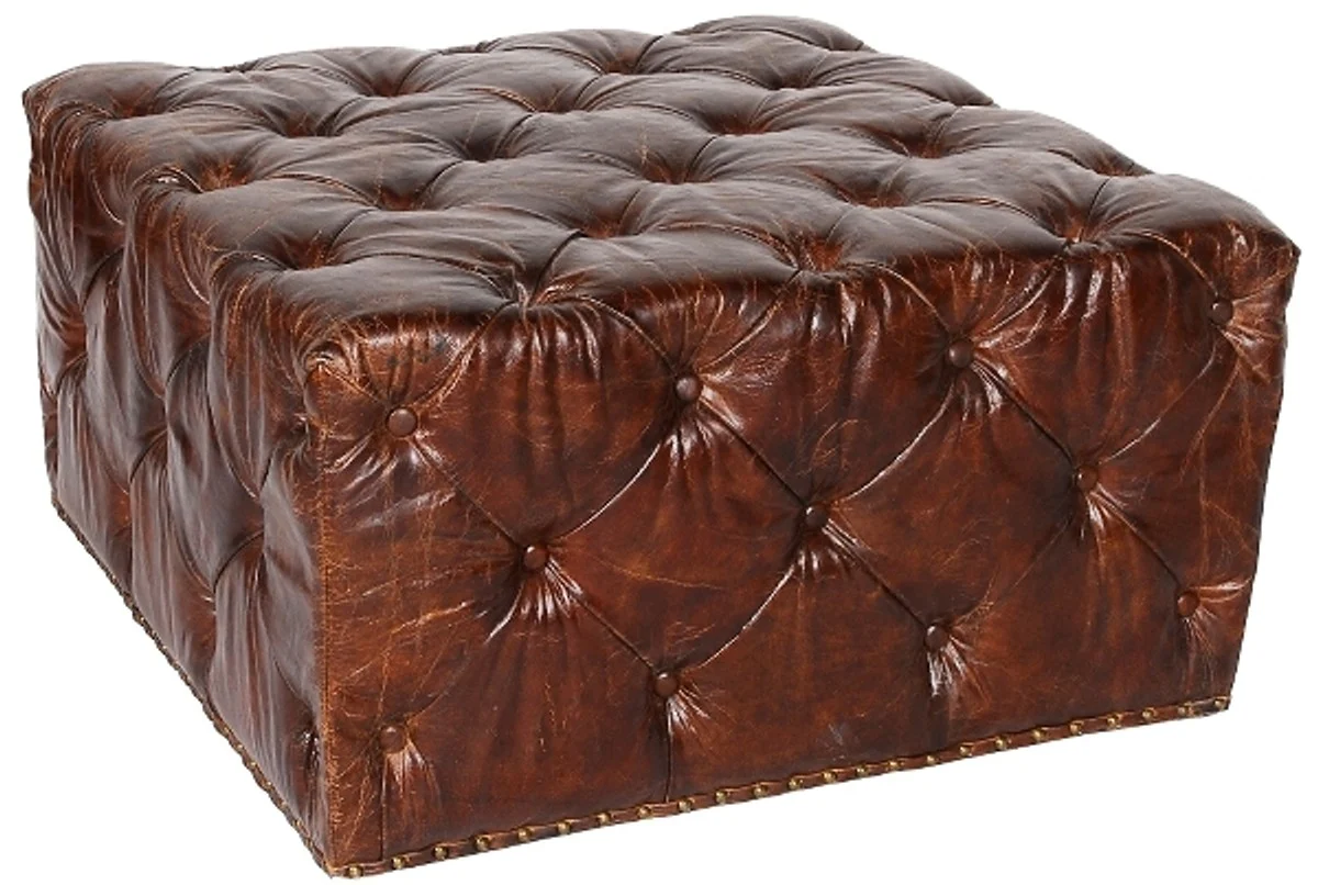 Chesterfield genuine leather footstool dark brown 80 x 80 x H. 42 cm - luxury quality