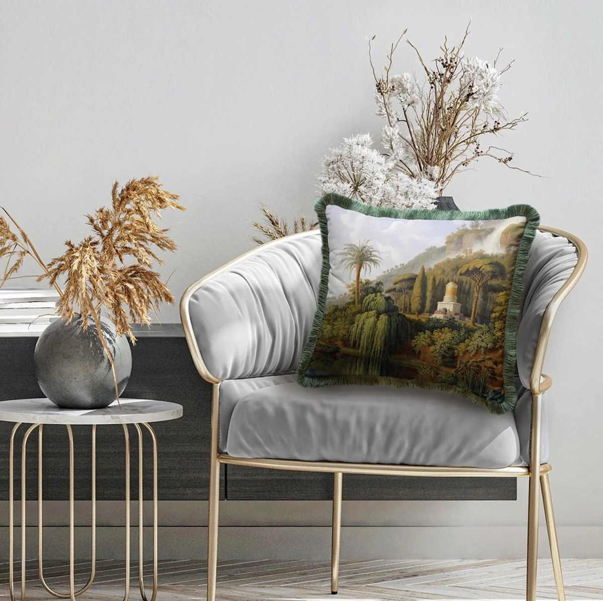 Luxury decorative cushion landscape multicolored / green 45 x 45 cm - printed velvet cushion with fringes - luxury decorative accessories