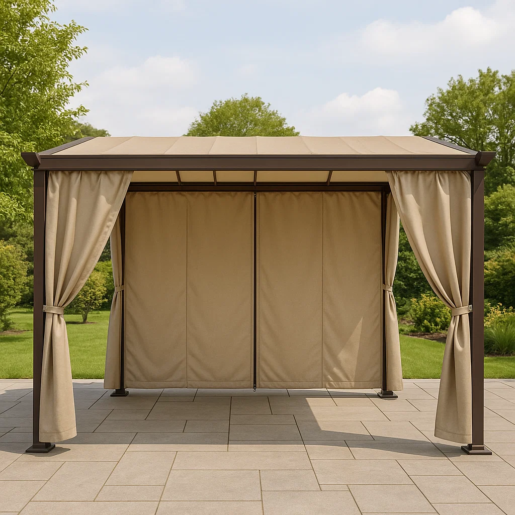 Metallene Gartenpergola mit einziehbarer Markise – Beige und Braun – für den Außenbereich – 400 cm lang x 250 cm hoch x 350 cm tief qNzWJau333ZJ