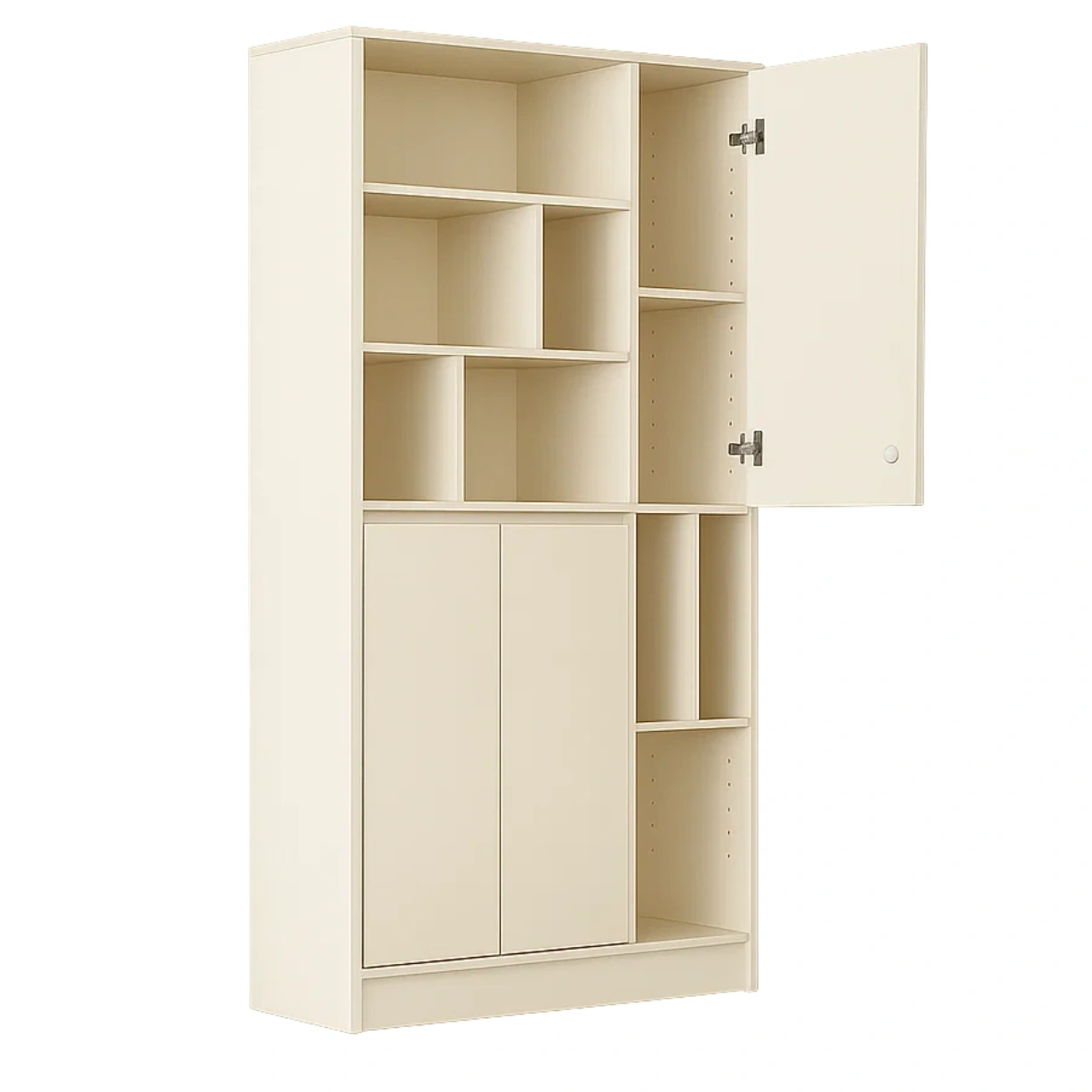 Vitrine mit Holztüren und offenen Regalen, 12 Fächer, aus Spanplatte, beige, freistehend, für Wohnzimmer oder Büro, Maße: 100 x 40 x 190 cm - vKz08os0iedY