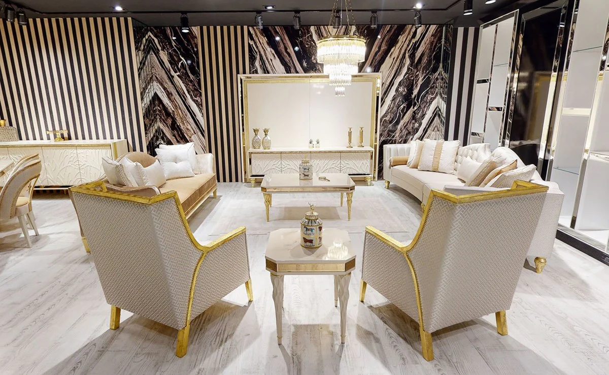 Luxury Baroque Sofa White / Gold - Curved Living Room Sofa - Hotel Sofa - Luxury Baroque Living Room & Hotel Furniture