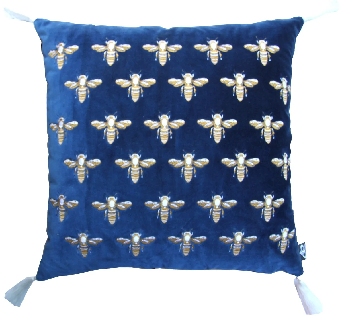Luxus Deko Kissen mit Troddeln Bees Blau / Gold / Weiß 45 x 45 cm - Feinster Samtstoff - Luxus Deko Accessoires