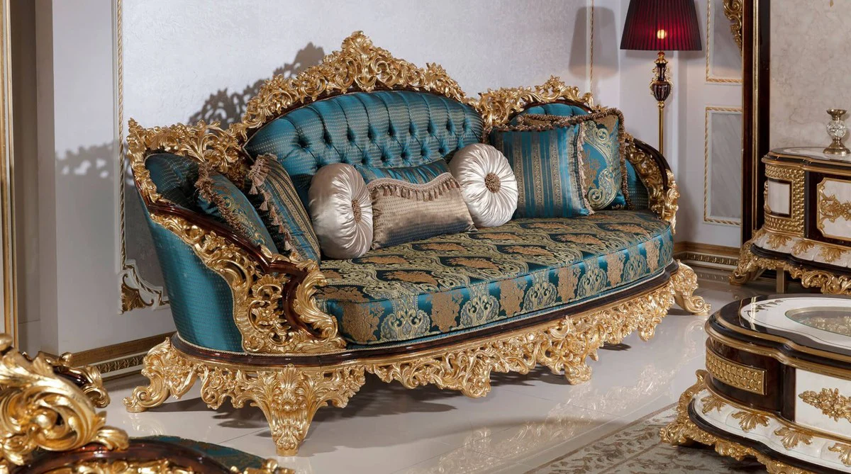 Luxury Baroque Sofa Blue / Beige / Brown / Gold - Magnificent Living Room Sofa with Elegant Pattern - Baroque Living Room Furniture - Noble & Magnificent