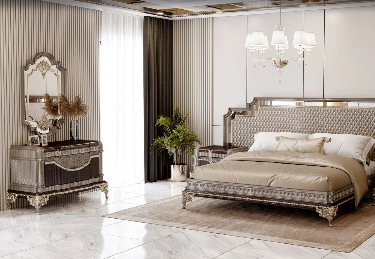 Luxury baroque double bed and 2 nightstands gray / dark brown / gold