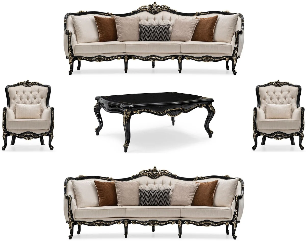 Luxus Barock Wohnzimmer Set Creme / Schwarz / Gold - 2 Sofas & 2 Sessel & 1 Couchtisch - Handgefertigte Wohnzimmer Möbel im Barockstil - Edel & Prunkvoll